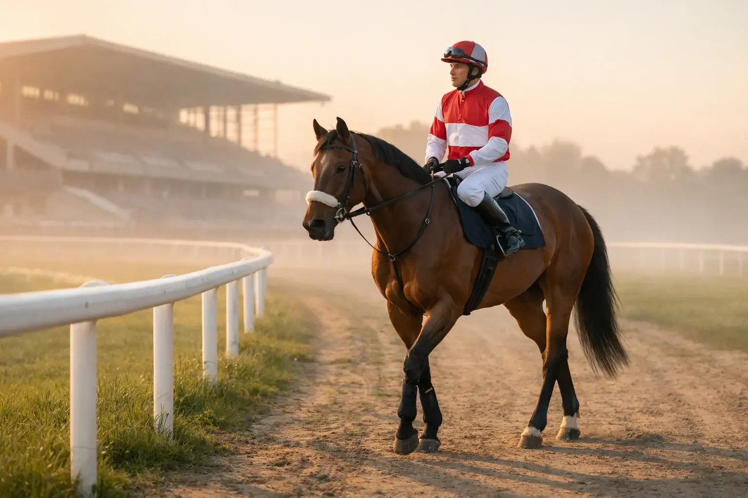 Jockey op een paard tijdens ochtendtraining op de renbaan